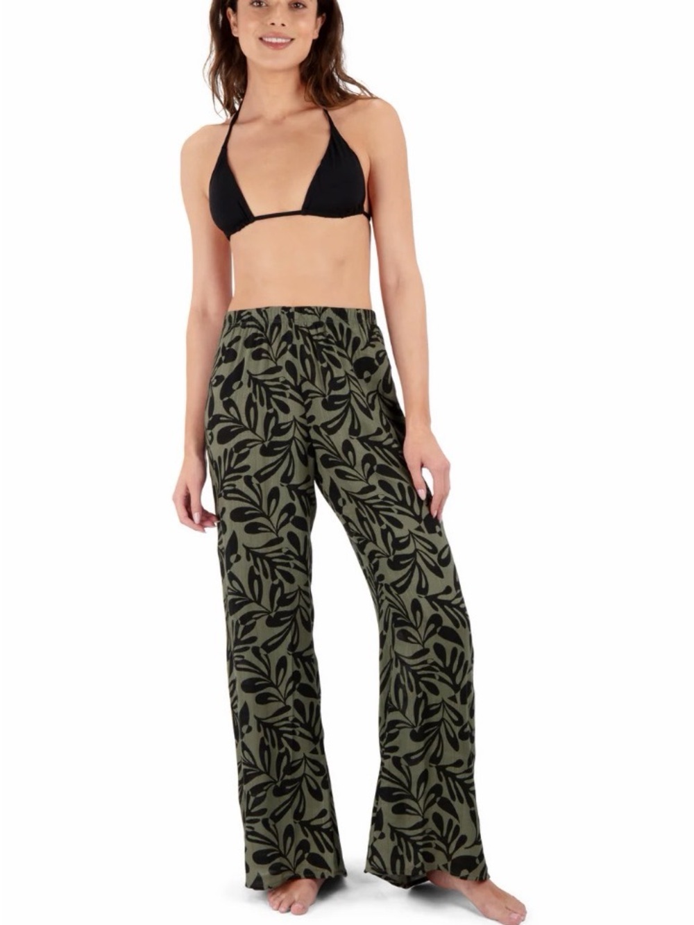 Hurley Marina Olive Green Wide-Leg Leaf Print Pants